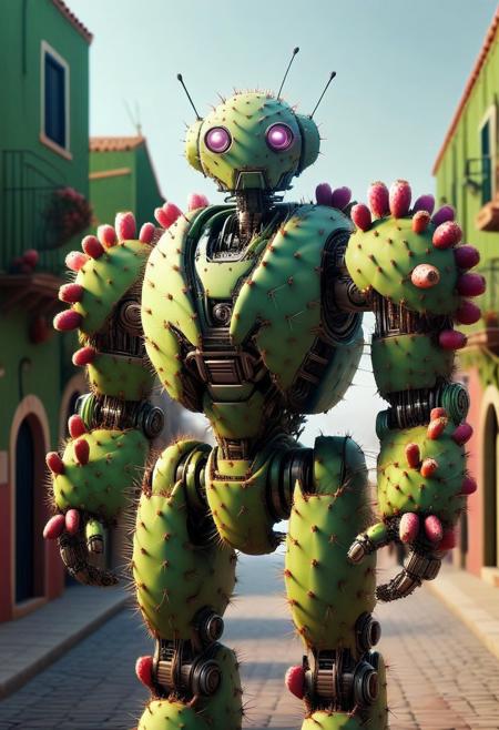 masterpiece,best quality,amazing quality,very aesthetic,high resolution,ultra-detailed,absurdres,newest,scenery,depth of field,scenery,volumetric lighting, beautiful, score_9, score_8_up, score_7_up, Robot, Prickly Pear Style,