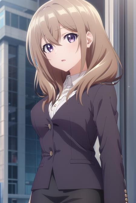 shiori katase, long hair, brown hair, hair between eyes, (purple eyes:1.1), light brown hair, skirt, shirt, black skirt, formal, suit, pencil skirt, office lady, business suit,