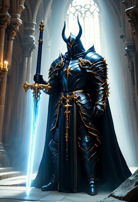 A dark and imposing figure stands in a majestic and dimly lit cathedral. The figure is clad in elaborate black Gothic armor adorned with gold-plated crosses and chains, holding a large sword in his hand (A blue and black double-bladed sword with an ominous aura), giving off a religious yet sinister impression. His helmet is tall, almost bishop-like, with a faceless visor that does not reflect light, adding to the air of mystery. The figure holds a menacing staff, with a design of a spiked circular cross on top, which looks both ceremonial and like a weapon. The details of his armor include ornate carvings and mechanical components, blending medieval design with a futuristic, almost steampunk aesthetic. The atmosphere is solemn, with the dim, ethereal light from the cathedral's tall windows casting a cold glow on the dark figures, emphasizing the contrast between the shadows and the metallic details. <lora:Magic_of_Art_(FLUX).safetensors:1.0>, <lora:BeautyInEvilFlux.safetensors:0.75>,