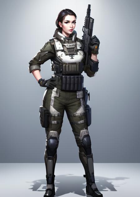 masterpiece, best quality, detailed lips, detailed face, detailed skin, 1girl, <lyco:gunsLoHatry3-000025:0.7>, standing, hand on hip, assault rifle, bullpup, rifle in one hand, gun pointing up