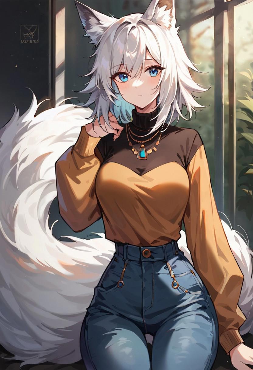 Score 9, Score_8_up, Score_7_up, knee-deep portrait of a young adorable woman, wolf girl, white skin, soft white hair, medium hair, thin waist, super narrow shoulders, medium breasts, extra thigh gap, super wide hips, round hips, wolf ears, Arknights Texa, blue eyes, girl leaned forward, eye contact, slim body, straight waist, black casual clothes, jeans, very long fluffy tail, huge tail