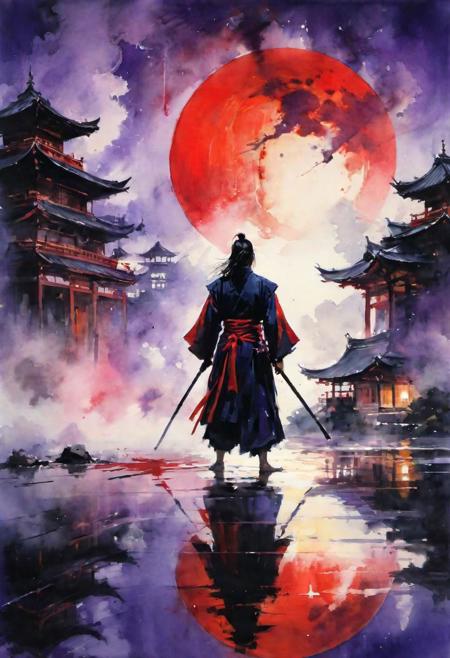 reflection,low angle, sword reflection,samurai, long hair,kimono,strapless, traditional architecture,night,(red moon:1.1),(fog:1.4),(silhouette:0.8) , (expressionless:1.3),(ghost:1.1),red fire,,fantasy, high contrast, ink strokes, explosions, over exposure, purple and red tone impression , abstract, ((watercolor painting by John Berkey and Jeremy Mann )) brush strokes, negative space,face detailed, face perfect, cleavage,