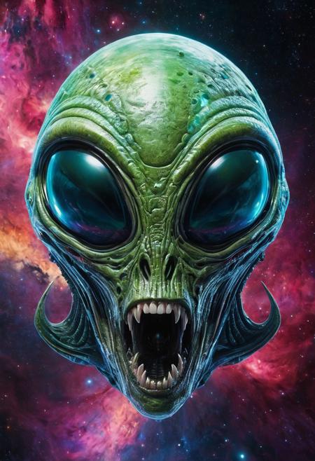 Vibrant fantasy artwork. Medium shot. A alien head that is floating in space that is resembles a huge spaceship