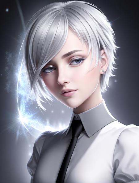 masterpiece, 8k uhd, gorgeous girl, skinny, short grey hair, glare, sparkling hair  <lora:Antarcticite_V2:0.7>