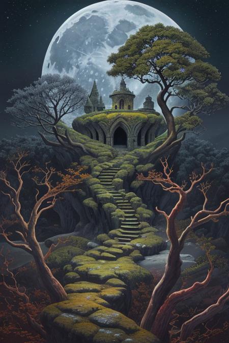 Humongous, gnarled, majestic, tower, (detailed stone texture: 1.2), ebony walls, centered in frame, against moon , (cold moonlight: 1.3), light, beautiful night sky, landscape centered next to river, fantasy style, tame tone, dramatic lighting, (dim light, slightly elevated perspective, photorealistic style, digital art, soft yellows, deep blacks, cold whites, warm reds, soft blues, green landscape; (detailed branches:1.1), slightly out of focus, moon dominating upper portion of image, fantasy tree, green hill, epic, oil painting, epiCPhoto