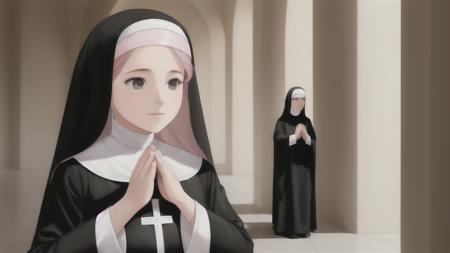 ((1girl)),black nun outfit, praying, pink hair,