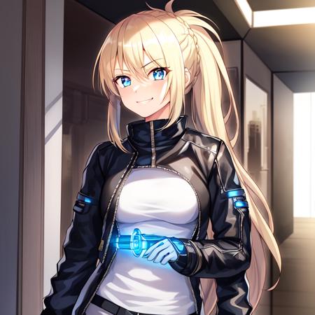 {1girl}, determined, biker jacket, casual pants, masterpiece, smirking, perfect detailed on hands, illustration, beautiful-detailed eyes, {{cinematic light}}, ultra detailed, {long hair}, {katana}, hallway, small breasts, blonde hair with highlights, futuristic city, industrial, monitors, open area, from front, eye focus, determined, determined look, {glowing blue eyes}, braided ponytail