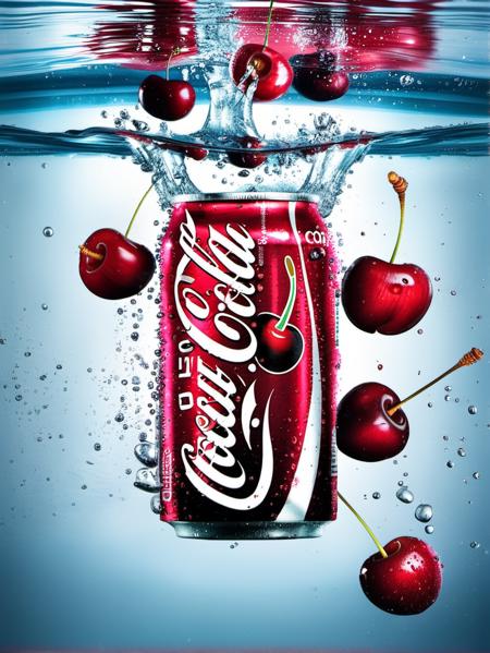 AI huazhuangpin, food, fruit, coca-cola, no humans, can, cherry, bubble, black background, a can of coca cola is in the water with cherries on it and a splash of water on the bottom