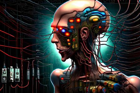 creativity_extractor Digital painting by artist shawnmalloyrocks, a brain in a vat connected to a bunch of cables, extraction of human creativity via download, transferring consciousness to a master computer, sad eyes, bleak expression, technological wonder, intricate circuitry, 16k, UHD, masterpiece, intricate detail, dramatic lighting, Lovecraft, steampunk, synthwave, horror, Giger, Sci-Fi