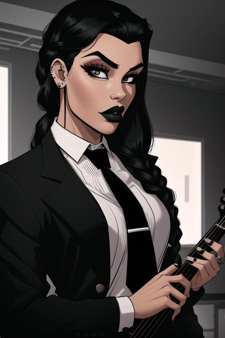 <lora:rabies-t-lagomorph:0.8>, rabies-t-lagomorph, masterpiece, best quality, 1girl, necktie, instrument, black hair, braid, earrings, black necktie, jewelry, piercing, ear piercing, disembodied limb, collared shirt, shirt, holding, black lips, twin braids, jacket, black nails, looking at viewer, long hair, black jacket, black eyes, makeup, white shirt, solo focus, holding instrument, sweater, solo