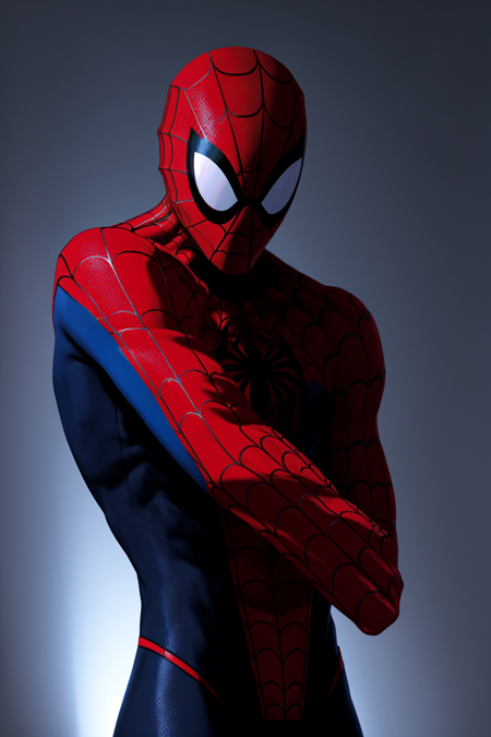 <lora:Spiderverse:0.8> Spiderverse Style, 1boy, bodysuit, looking at viewer, male focus, mask, solo, spider web print, superhero, upper body