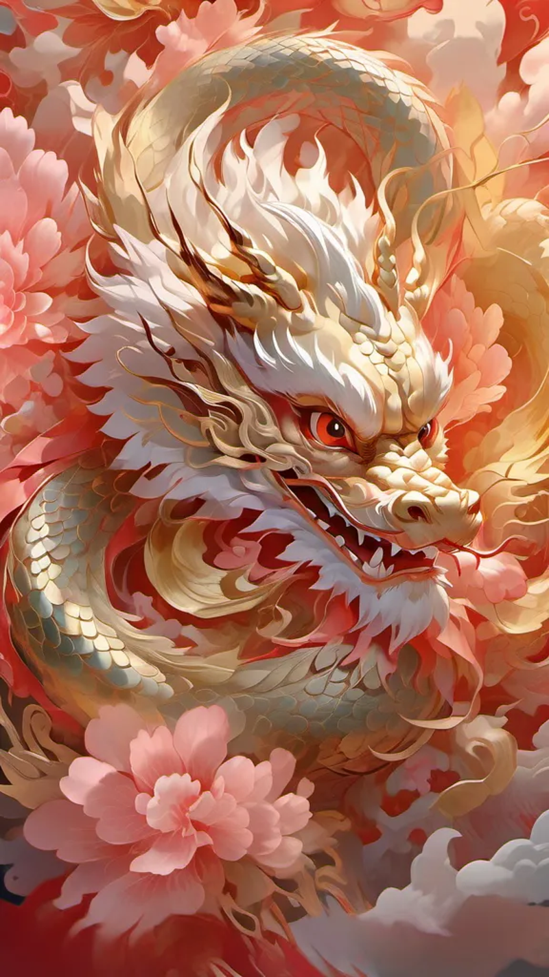 A golden dragon with red eyes and a pink background.