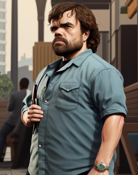 GTA5 Loading Screen 2D art, peter dinklage as a GTA5 Thug, action pose, cinematic composition, shaders, bright cinematic lighting, soft contrast, video game background
