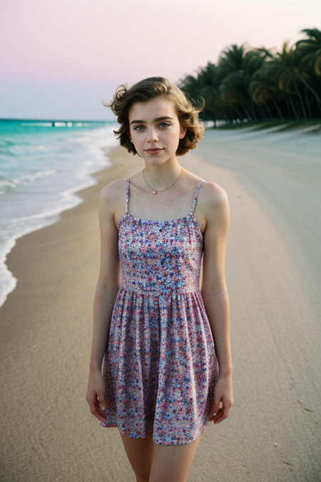 KiernanShipka, photograph by (Rodney Smith:1.3), modelshoot, pose, windblown waves, colorful blush, (floral sundress), Miami Beach sunset backdrop, Canon T90, 50mm f/1.4, 1/125s, ISO 100, Ektachrome E100, smile, (slim, fit:1.3)