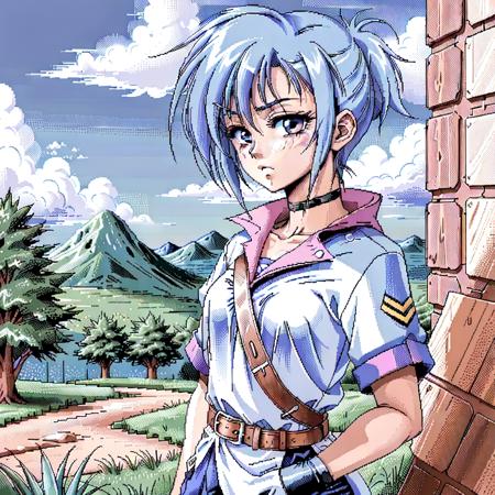 masterpiece, looking off into the distance, vigilante with Pastel Blue hair, ashamed,   grassland, sfw,  <lora:TrueLoveStyle:1.0>