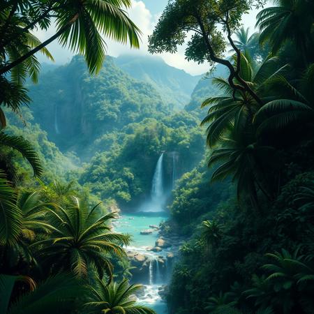 A photorealistic masterpiece of a tropical jungle view with waterfalls, dense vegetation near a beach, in 4K high details