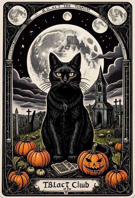 tarot_card Tarot card with the text:"Black Cat Club" at the top. text:"Halloween" at the bottom. a stern-looking Halloween cat with pumpkins and a spell book. gothic graveyard and spooky building in the background. Black sky with a bright moon. bat in front of the moon. . tarot_card, front perspective, flat, frame, white border