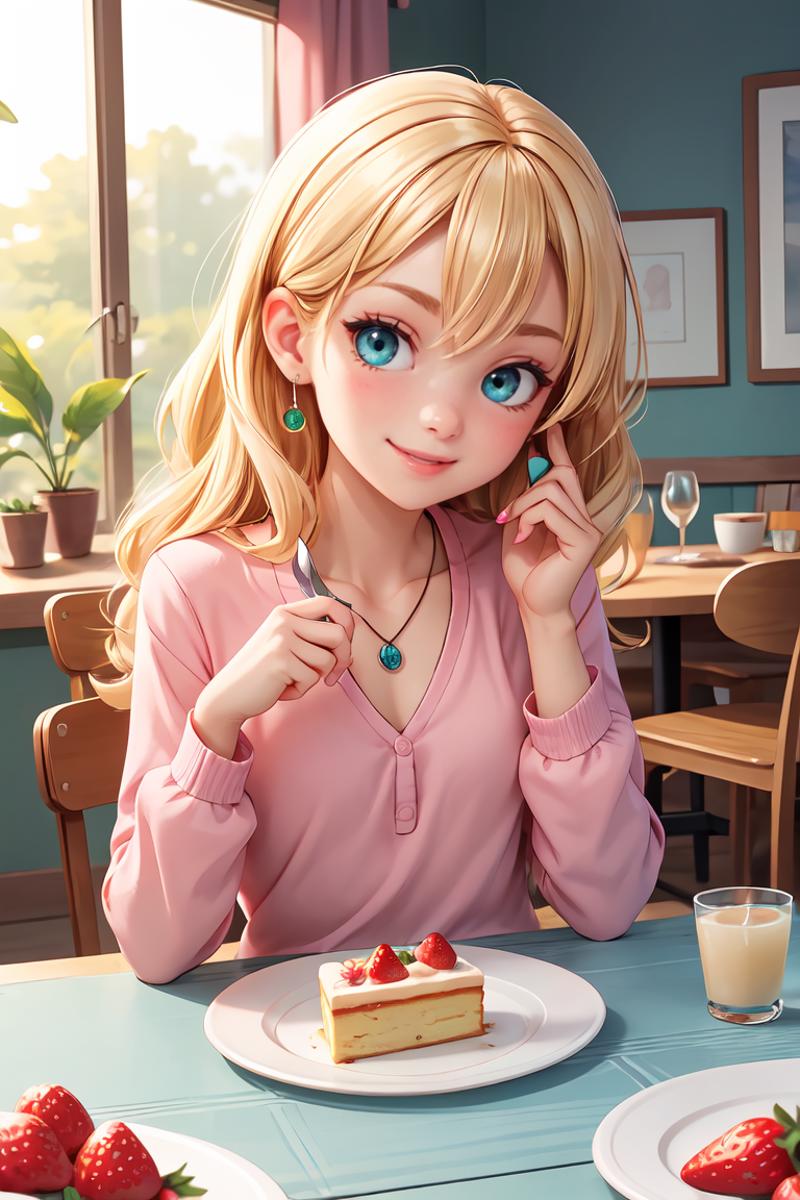 A cartoon picture of a girl sitting at a table eating cake.