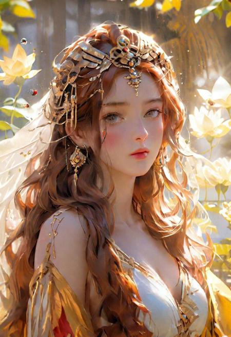 Greek goddess outside in Sun shine, red gold (best quality, masterpiece, colorful, dynamic angle, highest detailed) upper body photo, fashion photography of cute, intense long red hair, \greek goddess\ in intricate toga dress (ultrahigh resolution textures), in dynamic pose, bokeh, glowing, inner strength, (glowing eyes:1.05),  rich silks, gold trim, royal outfit, intricate jewelry, garden surrounded by flowers, standing in sun bioluminescent milky waters, gold bubbles, John William Godward + loish +gaston bussiere +craig mullins, j. c. leyendecker +Artger, bright pops of coloured silks, natural surroundings in background, sacred ritual, ethereal atmosphere, (intricate details, hyperdetailed:1.15), detailed, moonlight passing through hair, perfect night, colorful poster art flat background, (official art, extreme detailed, highest detailed), HDR