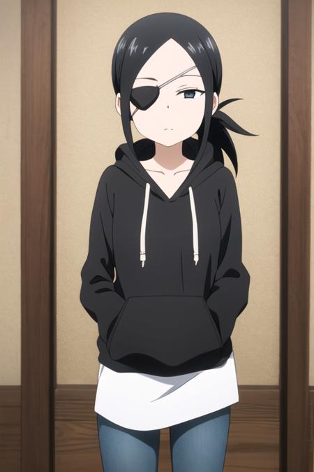 masterpiece, best quality, <lora:kunoichi_aogiri:0.7>  kunoichi_aogiri, 1girl, solo, black eyes, eyepatch, black hair, folded ponytail, looking at viewer,  black hoodie, jeans, delicated ilumination, cowboy shot,