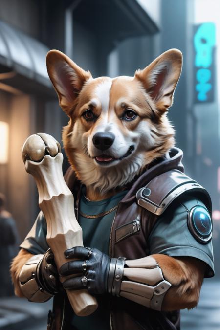 a cyberpunk corgi dog man holding a large bone
, detailed photo, detailed, realistic, 8k uhd, high quality