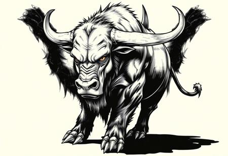 fantasy, ink art, comic style art, bull is standing with four feet, front ape's feet has 3 claws, muscular , looking at viewer, half side view
