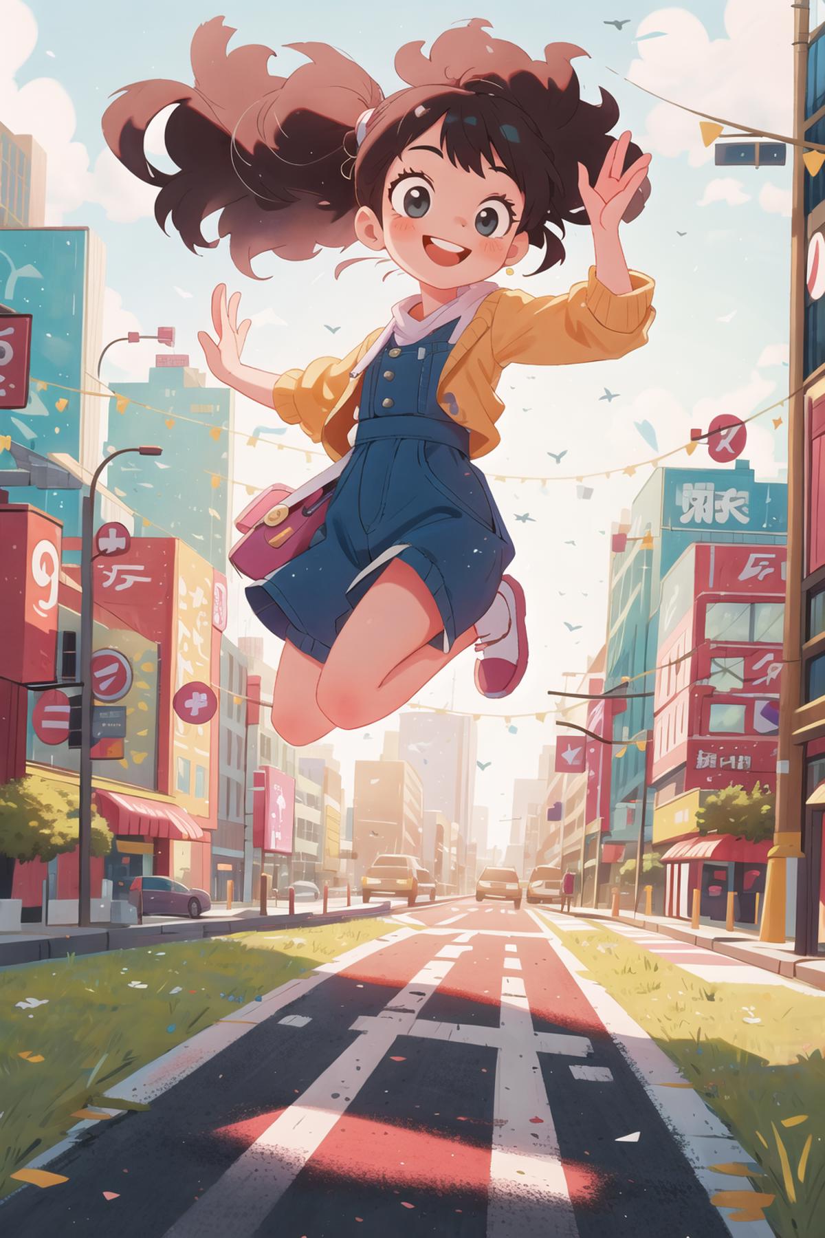 A girl with a ponytail and a yellow jacket is jumping in the air in a city.
