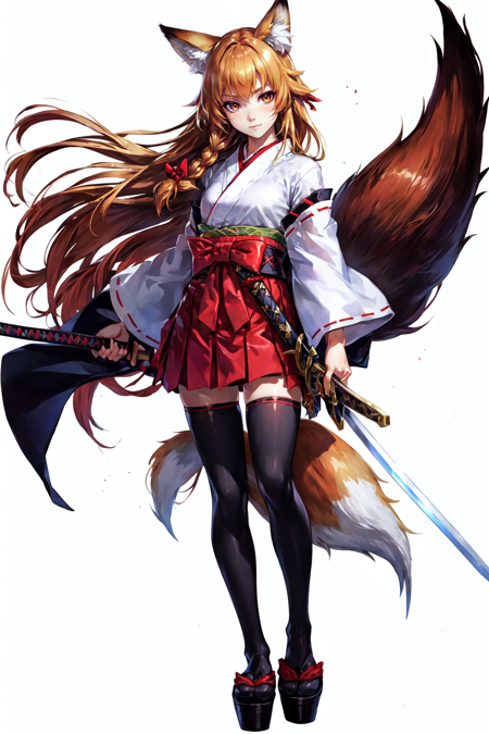 1girl, animal ear fluff, animal ears, bangs, black footwear, blonde hair, bow, brown hair, closed mouth, fox ears, fox girl, full body, holding, holding sword, holding weapon, japanese clothes, katana, kimono, long hair, long sleeves, looking at viewer, miko, sheath, sheathed, simple background, skirt, solo, standing, sword, tail, thighhighs, very long hair, weapon, white background, white kimono, wide sleeves, zettai ryouiki