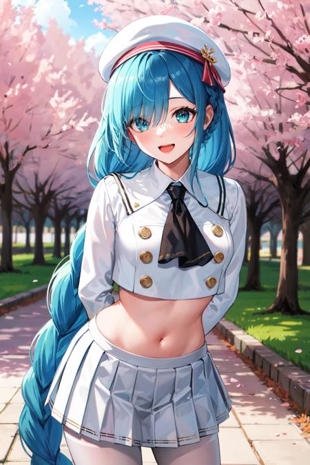 1girl, solo, very long hair, blue hair, twin braids, hair ribbon, white hairband, white ribbon, mini crown, blue eyes, bare shoulders, frilled dress, white dress, detached sleeves, white thighhighs 1girl, solo, long hair, white hair, twintails, fake animal ears, blue eyes, choker, neck ribbon, cleavage, black dress, see-through, detached sleeves, wrist cuffs, torn thighhighs, black thighhighs 1girl, solo, very long hair, blue hair, braided ponytail, beret, white headwear, blue eyes, black neckerchief, crop top, white shirt, long sleeves, midriff, pleated skirt, white skirt, white pantyhose