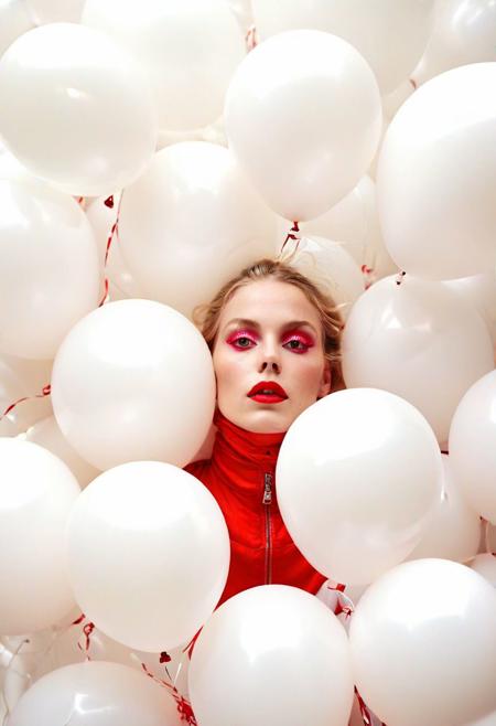 fashion portrait photo of beautiful young woman from of a ton of white balloons, taken on a hasselblad  iconoclastic pinnacle of creativity with intricate details, (cadmium red and electricblue colors:0.1),(looking at the viewer), (Francis Drake : 1,2) ((best quality)), (artistic photography by Philippe Halsman and Ara Gler:1.2), (bubblegumpink and striped colors:0.1), <lora:MJ52:0.65>
(Ethel Warwick:1.3), modelshoot, pose, , (Ethel Warwick: 1,2) award winning photo macro shot of a beautiful young woman lying , , dynamic lighting, cinematic still, pale skin, screencap, 100mm f/2.8 macro lens, on the knees)(((dynamic pose:1.2),(dynamic camera),(amateur photo:1.3,art retouch,, ),
full body, battle stancevibrant, neon colors, , highly detailed,byJocelyn Hobbie and Charles Dwyer, Triadic color guide,Leica Q2 with Summilux 28mm f/1.7 ASPH, ,clear face, Ultra High Resolution, wallpaper, 8K,Rich texture details, hyper detailed, detailed eyes, detailed background, dramatic angle, epic composition, SimplepositiveXLv1 (masterpiece, high quality, fisheye:1.2), solo, model photoshoot, (black theme:1.1), a stylish girl,