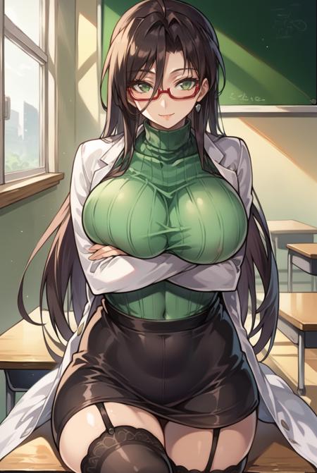 chisato sdxl, black hair, long hair, green eyes, glasses, red-framed eyewear,  ribbed sweater, green sweater, thighhighs, turtleneck, lab coat, garter straps, miniskirt, black skirt,