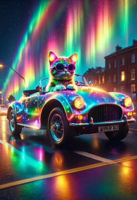 morph-aurora, cute small classic sports car, cat driving on, wear round goggles, wear animal ears helmet, extreme closeup shot, from side, run through on city road, (rainbow Aurora texture:1.3), cinematic, cinematic lighting, (masterpiece, best quality:1.4), ultra-high res, 4k, insanely detailed, sfw,