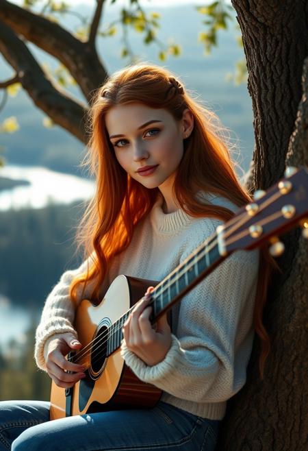 A surreal and hyper-realistic scene featuring a classical beauty with beautiful ginger hair, wearing blue jeans and a white jumper. The intricate details of her attire are highlighted, set against a dreamy, ethereal lake background. The scene is illuminated with soft, magical lighting, enhancing the otherworldly and enchanting atmosphere, sitting in a tree overlooking the forest and lake, playing an acoustic guitar. It is sunny.
surreal, hyper-realistic, classical beauty, blue jeans, white cozy jumper, beautiful (deep dark brown) eyes, pale white skin, pale skin, intricate details, dreamy background, ethereal, warm magical lighting, warm lighting, enchanting, visually stunning, high quality, detailed, sharp clarity, breathtaking, elegant, graceful, relaxed, small gentle smile, cute, redhead, sexy, cute hairstyle with some small cute braids and flowing hair, 
looking at viewer, long hair, pretty girl, small medium breasts, beautiful girl, holding an acoustic guitar, playing an acoustic guitar,