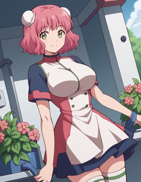 <lora:aries-spring-s1-ponyxl-lora-nochekaiser:1>, aries spring, short hair, green eyes, pink hair, hair bun, double bun, large breasts, thighhighs, dress, short sleeves, white thighhighs, zettai ryouiki,