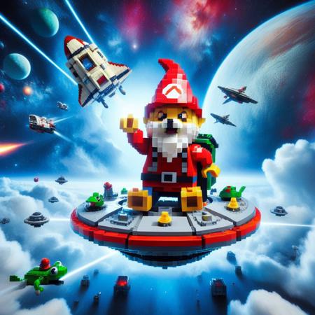Whimsical Cartoon into Real Photo Backgrounds, Pixel Art, PixArFK, made of legos, 
score_9, score_8_up, score_7_up, score_6_up, score_5_up, score_4_up, masterpiece best quality, excellent countershading, detailed lighting, depth of field, dynamic angle, close up, oil painting BREAK a whimsical gnome riding a Shiba Inu flying saucer with its mouth open charging a laser beam, funny, realistic, photograph, shiny, rabbit, bear, frog, BREAK star cluster,space stars,clouds,stars,nebula,space art, deep space, cyberpunk space station, sci-fi space station, outer space, stars, planets, nebula, galaxies, the Milky Way, space station, massive space station, space shuttle, PixArFK