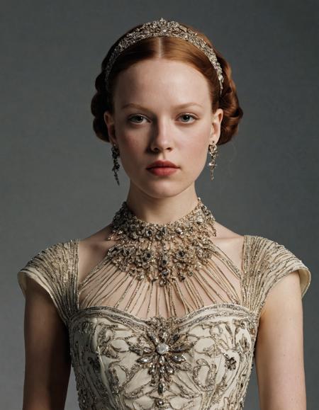 Renaissance style <lora:Alexander McQueen-art deco:1>,Alexander McQueen,art deco,dress,, hair, forehead, eyebrows, eyes, nose, lips, neck, collarbone, . Realistic, perspective, light and shadow, religious or mythological themes, highly detailed