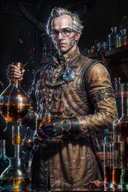 (masterpiece, top quality, best quality, official art, detailed:1.2), <lora:regisW3:0.7>, emielregisW3, facial hair,  (lab coat:1.3), safety goggles, chemistry lab,