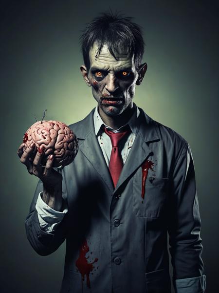 a cartoon-styled zombie man with a miserable expression. He is holding a brain in one hand and a glass with blood in the other. The overall effect is a memorable, cinematic-quality image that combines horror and humor,