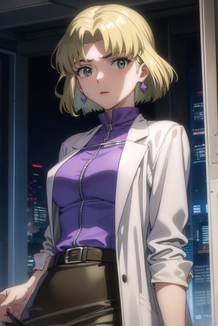 ritsukoakagi, <lora:ritsuko akagi rebuild-lora-nochekaiser:1>,
ritsuko akagi, short hair, blonde hair, mole, mole under eye, (parted bangs:1.5), (green eyes:1.5),
BREAK lipstick, skirt, jewelry, pantyhose, earrings, belt, pencil skirt, labcoat, shirt, purple shirt, turtleneck, zipper,
BREAK indoors, laboratory,
BREAK looking at viewer, (cowboy shot:1.5),
BREAK <lyco:GoodHands-beta2:1>, (masterpiece:1.2), best quality, high resolution, unity 8k wallpaper, (illustration:0.8), (beautiful detailed eyes:1.6), extremely detailed face, perfect lighting, extremely detailed CG, (perfect hands, perfect anatomy),