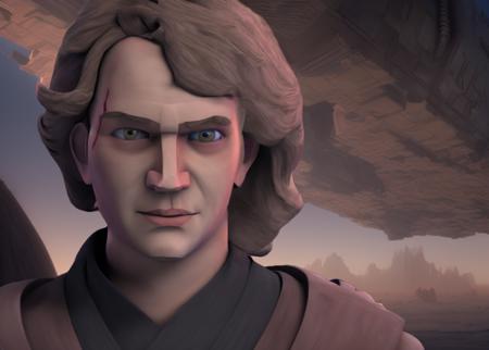 Clonewars style portrait of anakin skywalker, 3D render, screenshot, sharp focus, jedi robes, hayden christensen, long hair, 