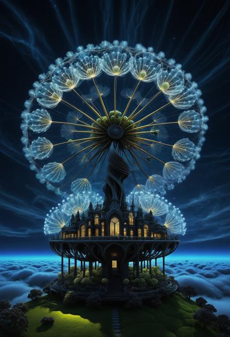embedding:lazympos, megastructure, fractal, organic, (dandelion:0.6), above clouds, organic, detailed, dark, night, glowing, neon lights,  <lora:Challenge_Winnifier_2025-04:0> <lora:Organic_Macabre:1>
