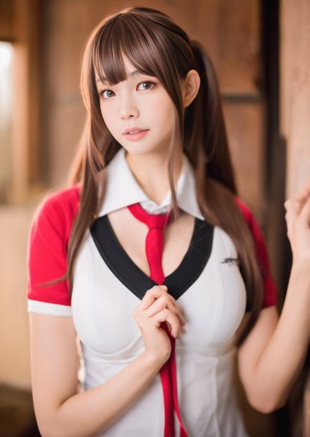 masterpiece, best quality,(realistic, photo-realistic:1.37),elyee, 1girl, solo, 1girl, solo, brown eyes, brown hair, long hair, looking at viewer, school uniform, masterpiece ,upper body,cleavage,breasts