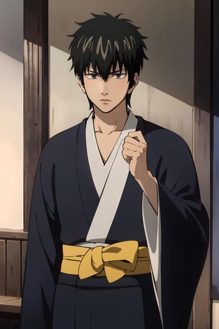 masterpiece,high quality,highres,solo,1boy,<lora:Hijikata-v4-wasabiya:1>,hijikata,male focus,grey eyes,black kimono,sash,