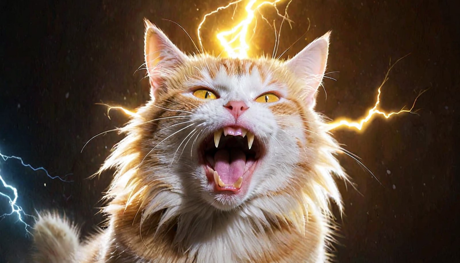 a masterpiece illustration of a cat becoming  super saiyan emitting golden aura and lightning charge, open mouth, angry,
