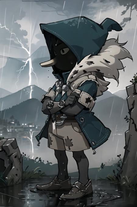 <lora:joris:0.8>, joris, 1boy, masteriece, best quality, solo, faceless, (long nose:1.2), colored sclera, black eyes, hood, jorisoutfit, fur trim, full body, thin legs, mountains, gray sky, rain, raining, wet, looking away, profile, crossed arms, thunderstorm, lightning