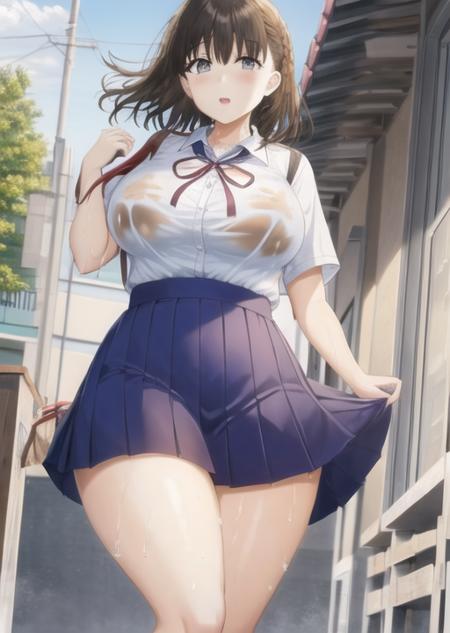 thick thighs, large breasts, woman,(netorare),toshoshitsunokanojoseisonakimi,school uniform, school background,wet,<lora:ToshoshitsunoKanojoSeisonaKimi-08:0.85>