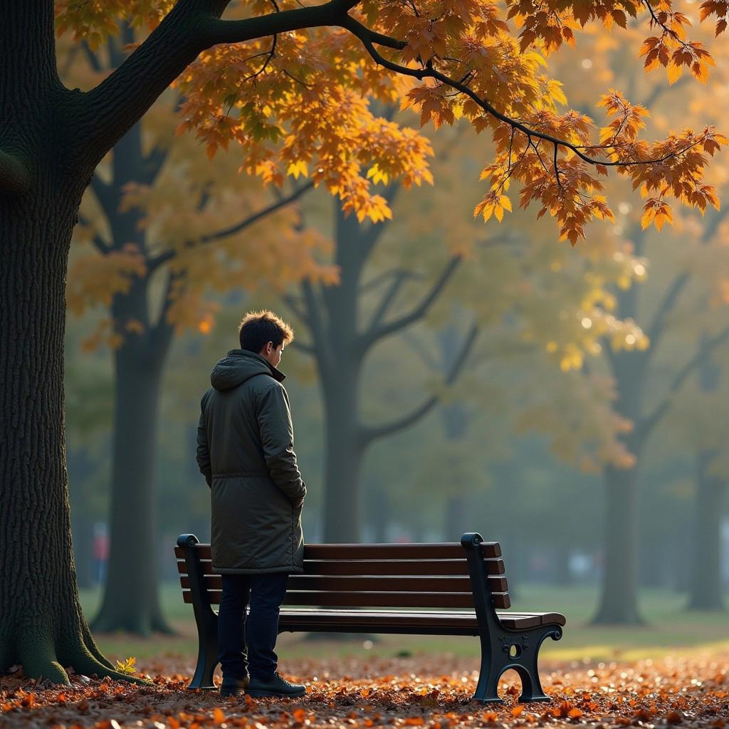 A person standing by a bench