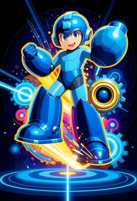 Character, Rockmegamen, megaman, blue bodysuit, thick blue round armored gauntlet, thick blue round armored boots, right arm buster cannon, blue helmet, sleek streamlined designed, bright blues clean aesthetic robotic,  proud face, excited pose, in the style of golden future. gears are falling as meteor shower colored baroque geometric patterns float around the canvas in the style of colorful digital art. The image has a futurist aesthetic with a nice futuristic disorder and psychedelic color palette. Black background, neon lights, glitch art, surrealism, high contrast, vibrant colors, psychedelic patterns, ethereal glow. The overall mood should be one of happy tomorrow and hopefull beauty.It's like something in the style of science fiction.Lewisrobinson