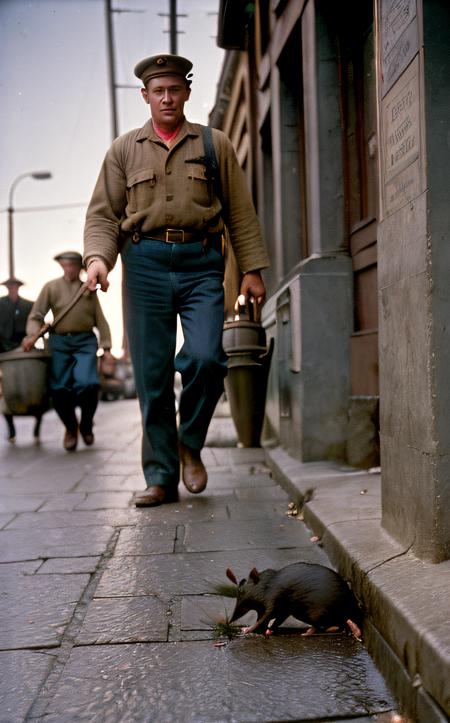 analog film photo Rat catchers emerging from manhole at dawn, weary but satisfied expressions, street sweepers and early market-goers reacting to their appearance,
 . faded film, desaturated, 35mm photo, grainy, vignette, vintage, Kodachrome, Lomography, stained, highly detailed, found footage