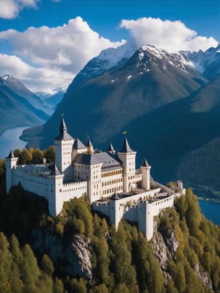(huge sacred European castle on the mountains: 1.3), surrounded by many small villages, castles and mountains with many (waterfalls of different sizes),(the castle is composed of white brick walls), with gold paint on them, very gorgeous and noble, very complicated decoration, vegetation, blue sky, clouds floating in the mountains,(birds flying: 0.4), (Unreal Engine Rendering: 1.1),(realistic, photo-realistic:1.1),(super detail: 1.2), very clear, film level lighting, 4k, masterpiece,high resolution,Variegated color filter,